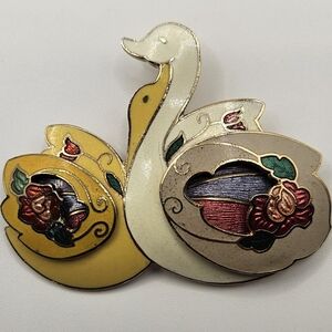 Vintage JJ Jonette Jewelry Swan Goose Enamel Brooch Pin Cloisonne Style Rose